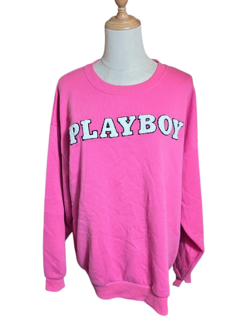 Playboy Pink Y2K Fuzzy Embroidered  Logo Crewneck Sweatshirt